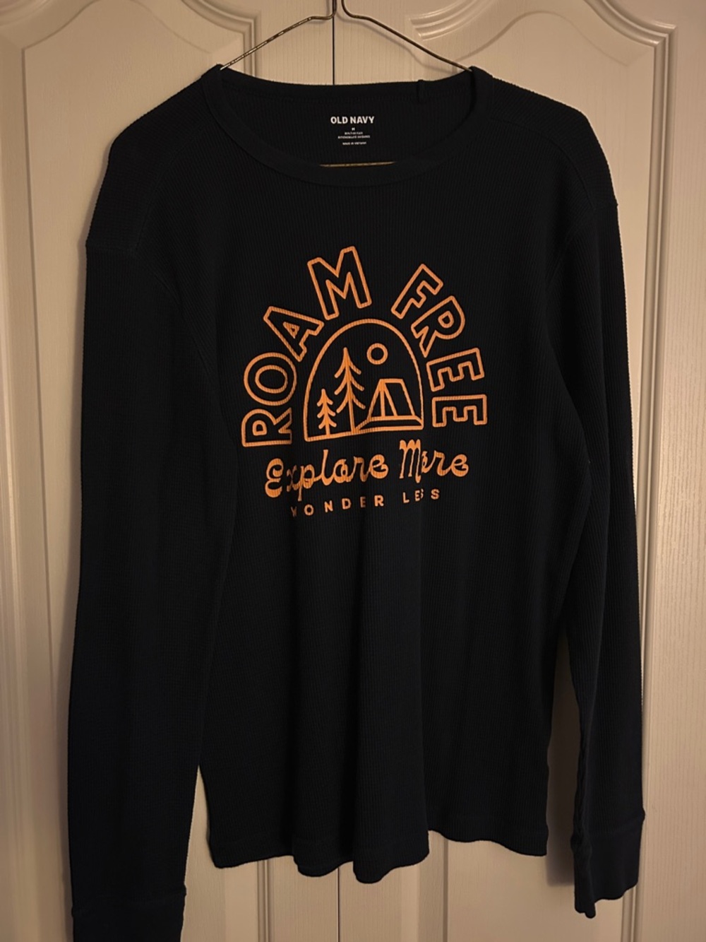 Old Navy navy graphic waffle-knit long sleeve top